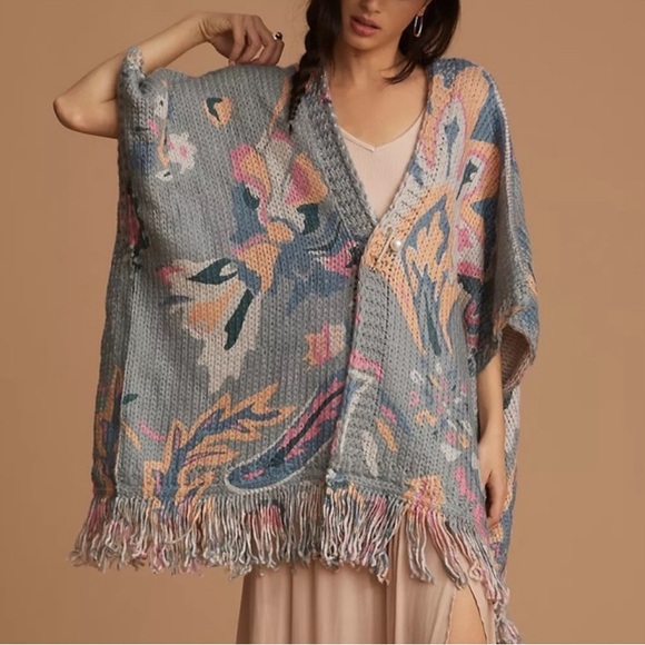 Anthropologie Sweaters - Anthropologie Elora Knit Tassel Kimono Poncho Wrap Chunky Cable Knit